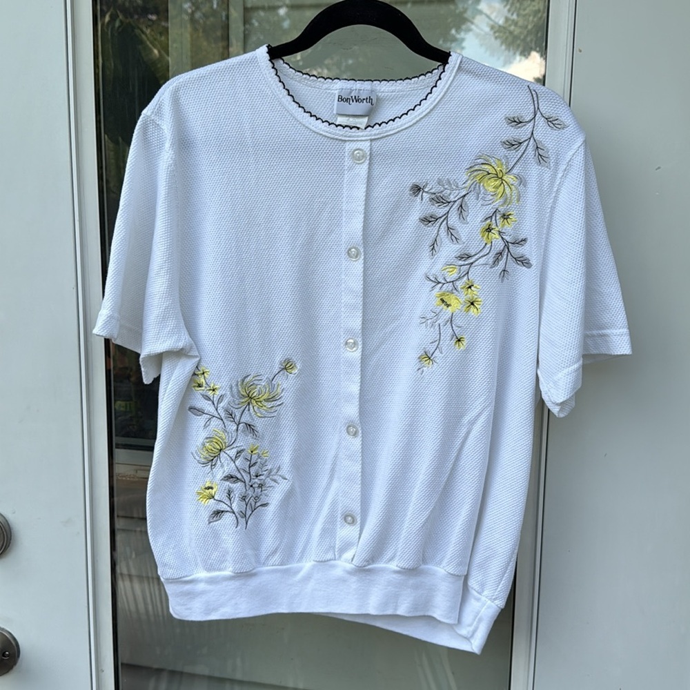 Vintage 1990s Bon Worth Med Floral Embroidered Shirt - button up short sleeve M - Picture 11 of 13